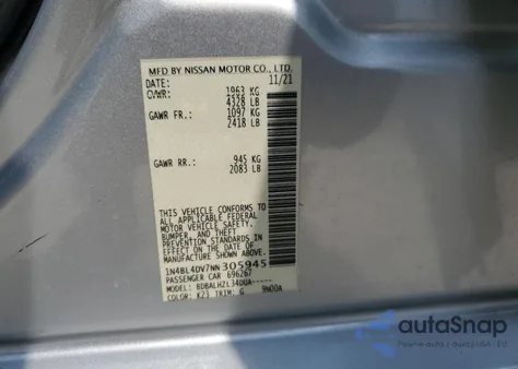 2022 Nissan Altima Sv из США, поврежденный, VIN 1N4BL4DV7NN305945